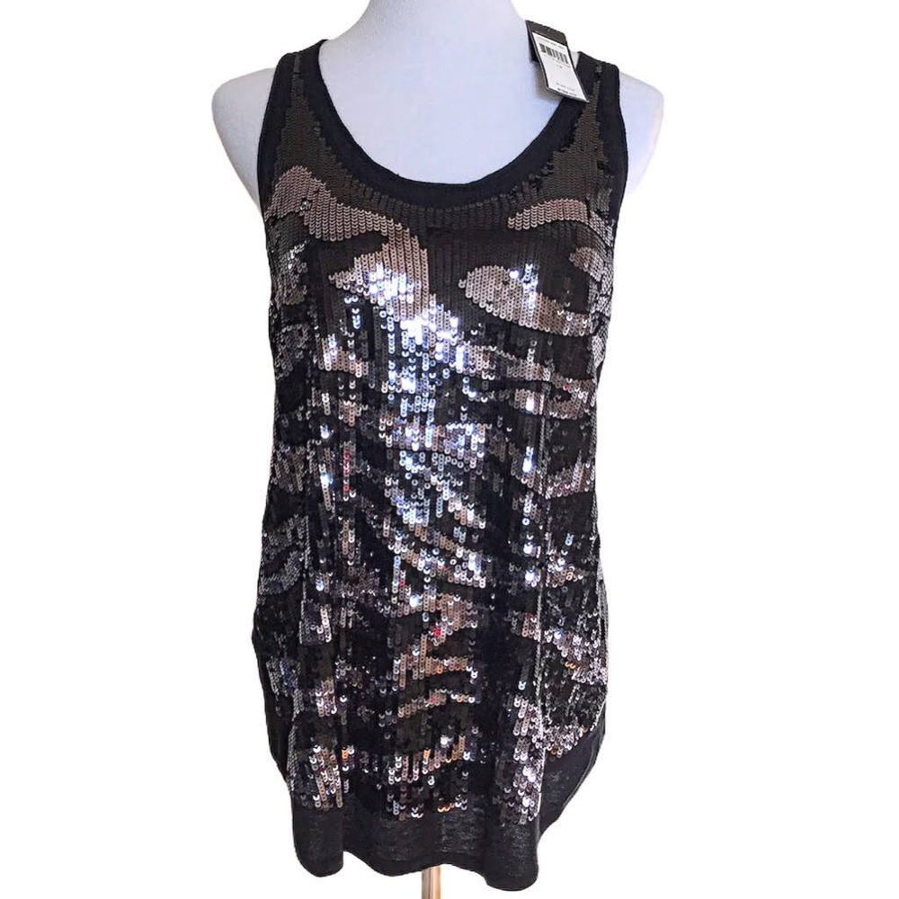 BCBGMAXAZRIA Black Silver Sequin Sleeveless Top Size Medium